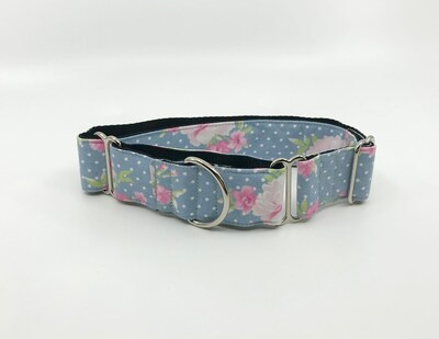 Martingale Dog Collar With Optional Flower Or Bow Tie Pink Roses On Gray Polka Dot Adjustable Slip On Collar Sizes S, M, L, XL - image3